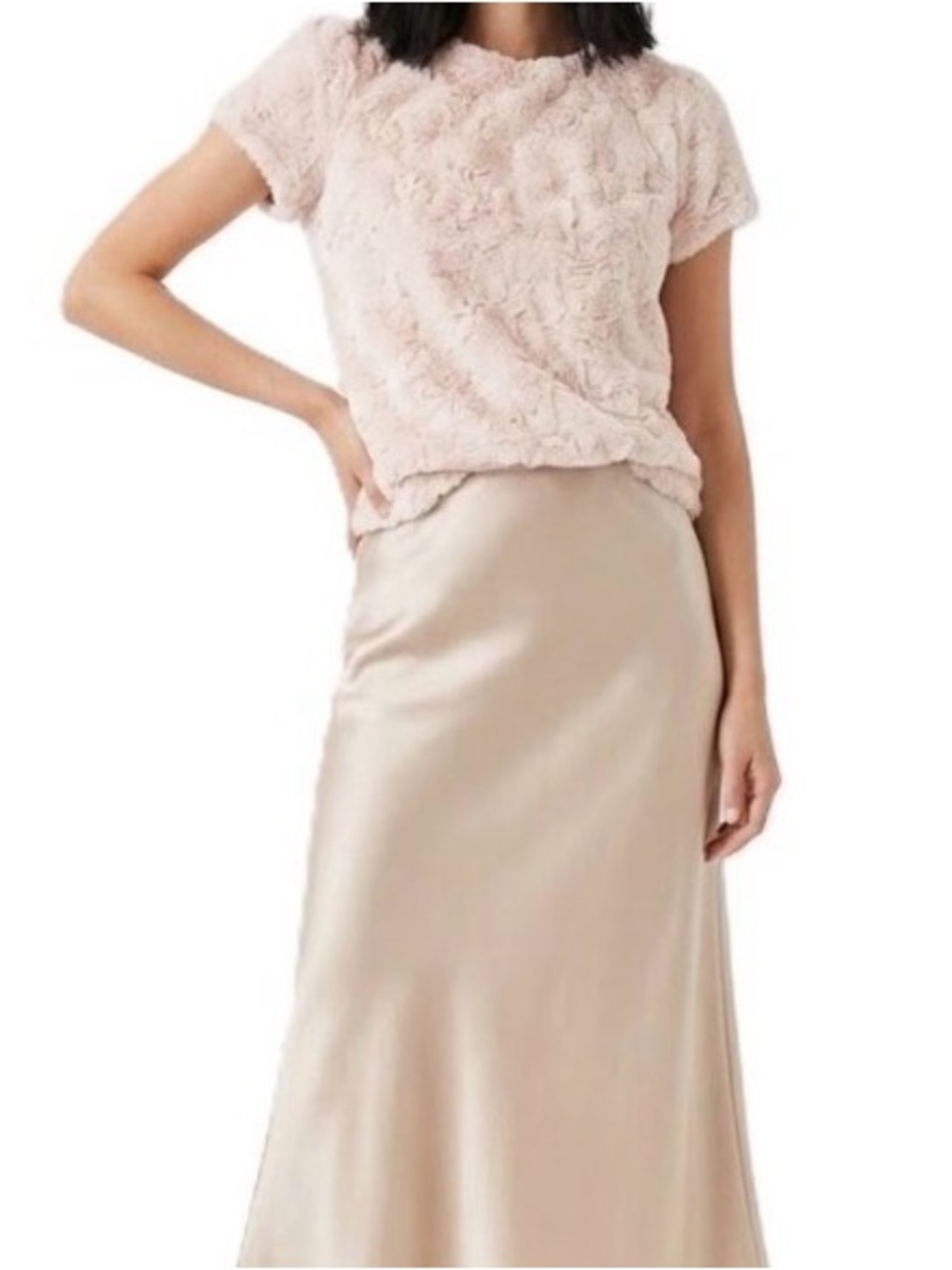 Anthropologie Textured Faux Fur Short Sleeve Top Pale Pink Medium